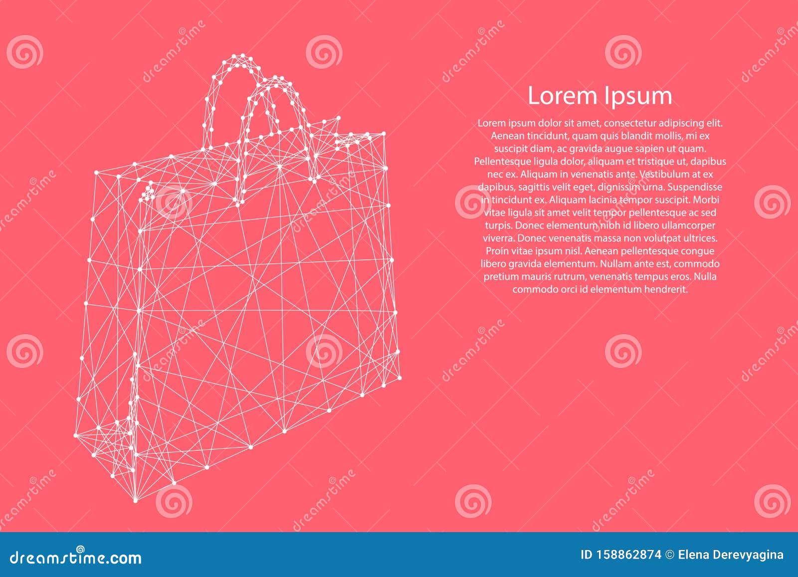 paper bag with handles for shopping from abstract futuristic polygonal white lines and dots on pink rose color coral background