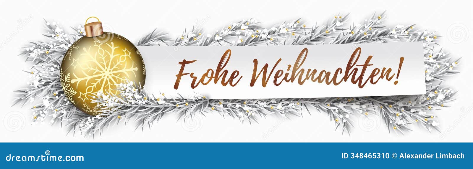 paper banner golden bauble frozen fir twigs frohe weihnachten