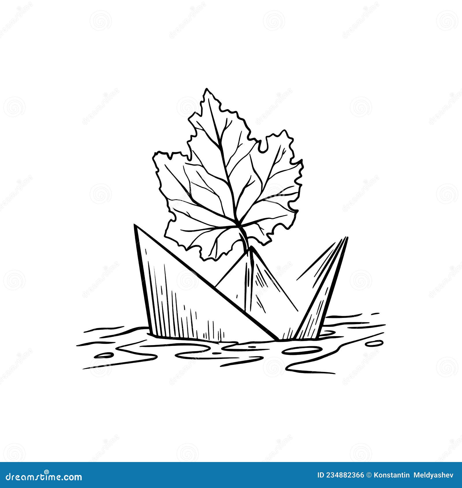 Paper Boat with a Leaf Floats on the Water Sketch Vector