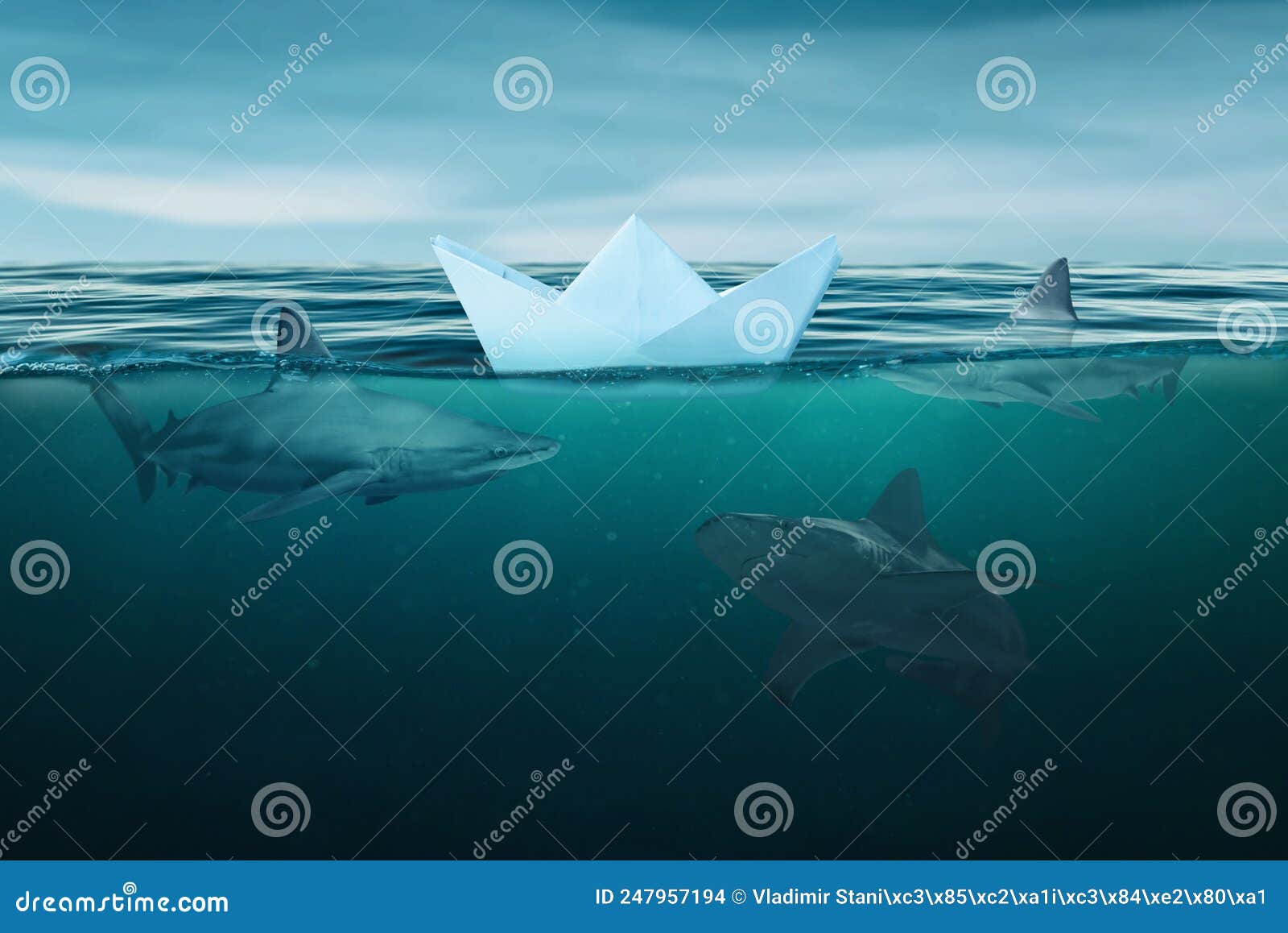 a paper boat surrounded by sharks on the high seas