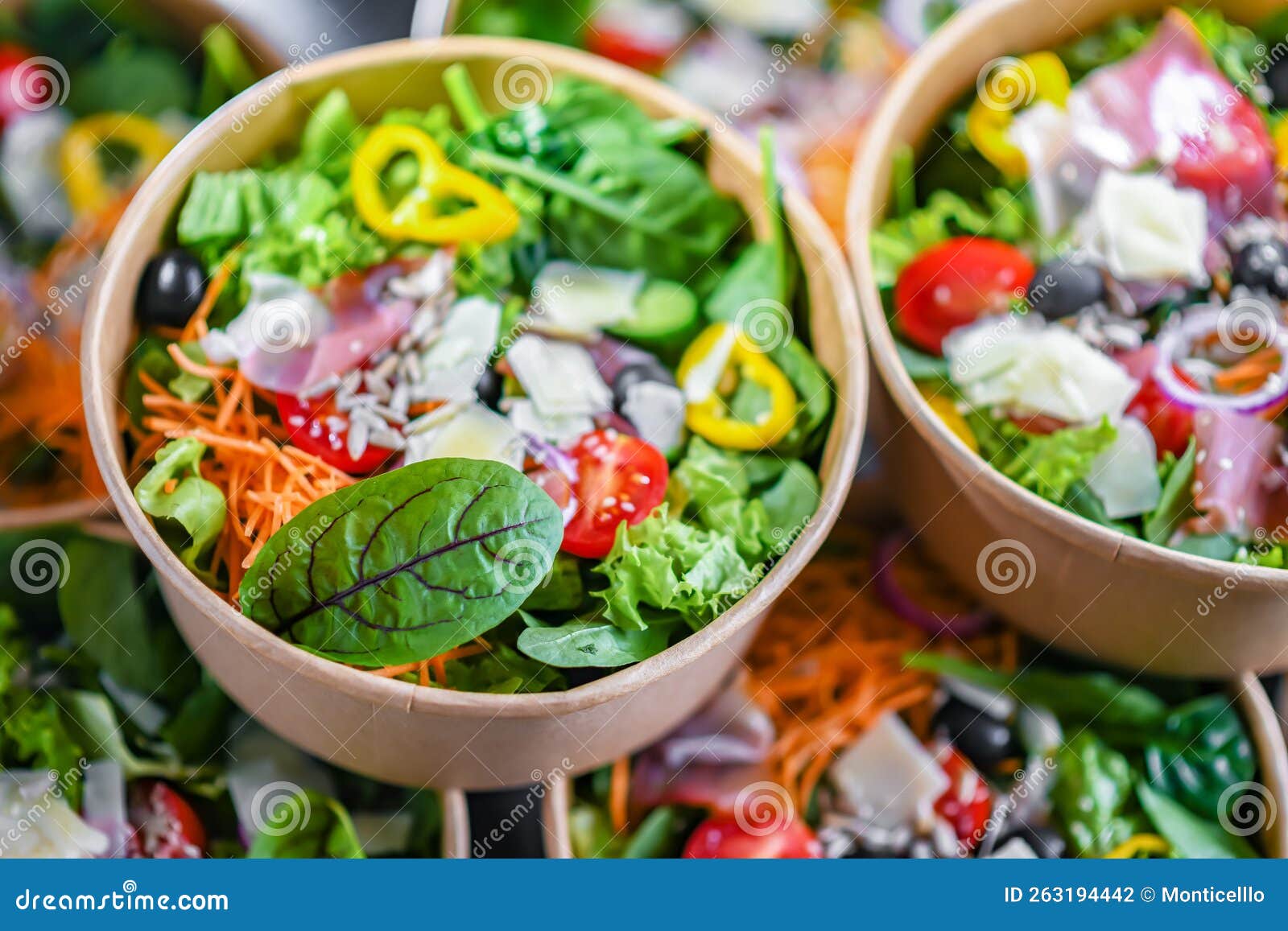 Paper Boxes with Prepackaged Vegetable Salads Ready for Sale Stock