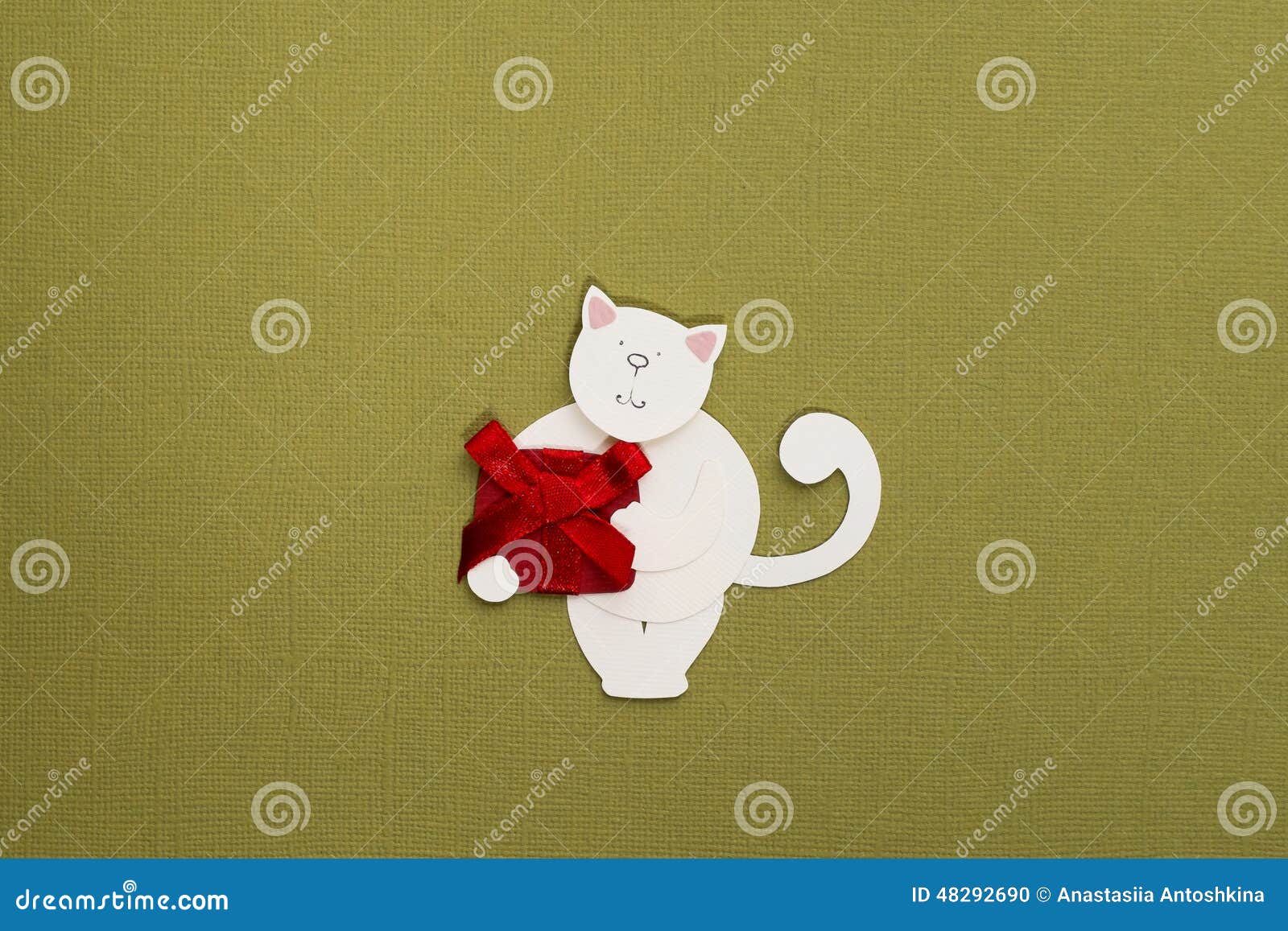 Paper cat with gift box applique. Cute little cat applique on texture background