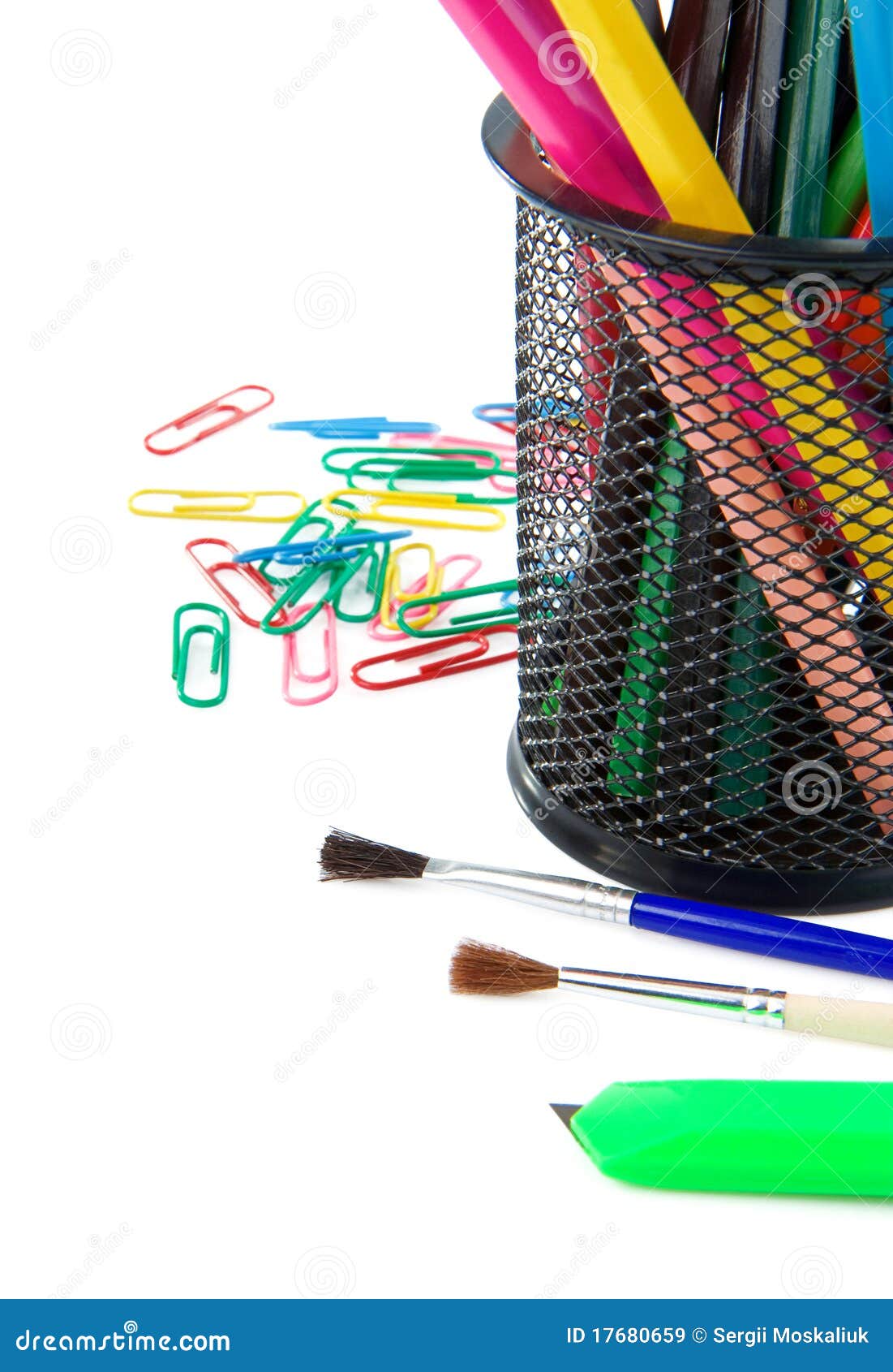 Paper Clips and Pencil in Holder on White Stock Image Image of