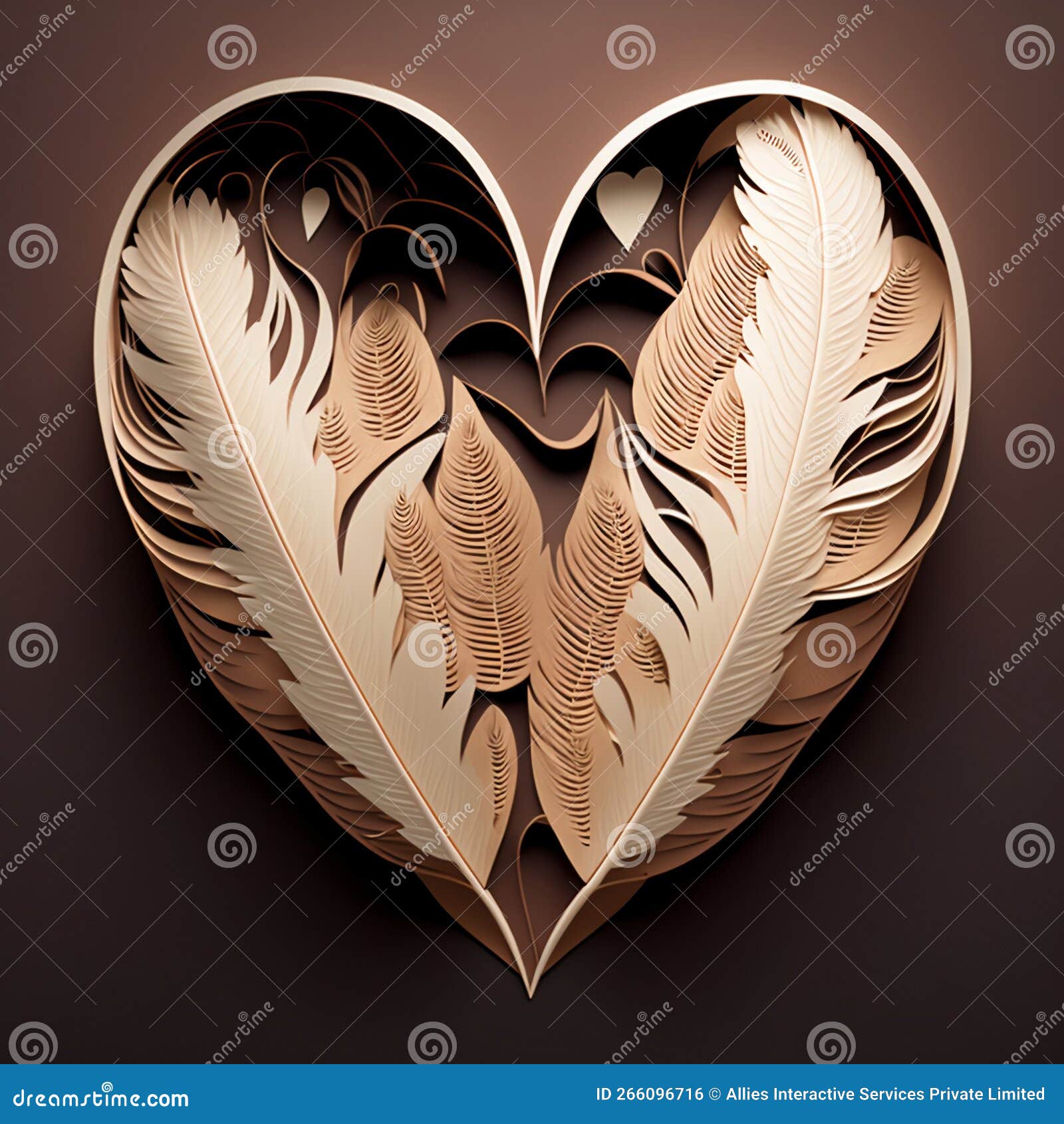 Paper Cut Beautiful Feathers Forming Heart Shape. 3D Render Love Stock