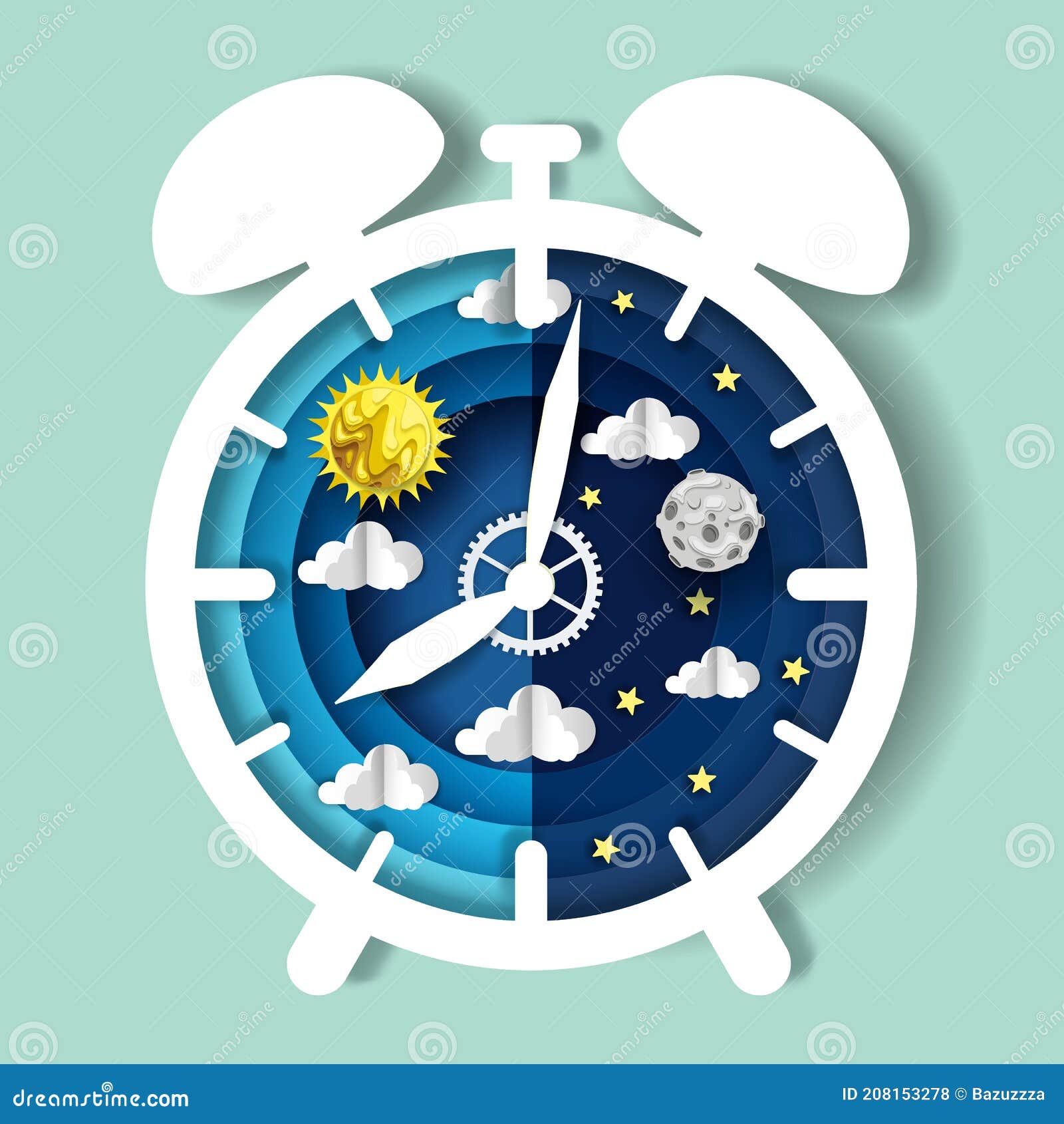 paper cut craft style clock with day and night sky on dial,  . sleep wake cycle. circadian rhythm.
