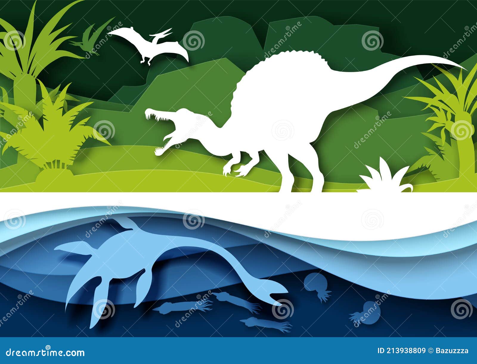 paper cut dino silhouettes and nature landscape,  . dinosaur, reptile wild animal. archeology, history