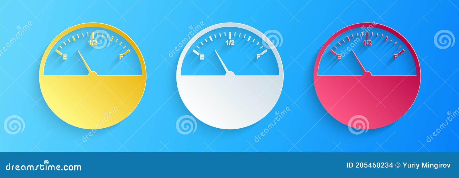 paper cut fuel gauge icon  on blue background. full tank. paper art style. 