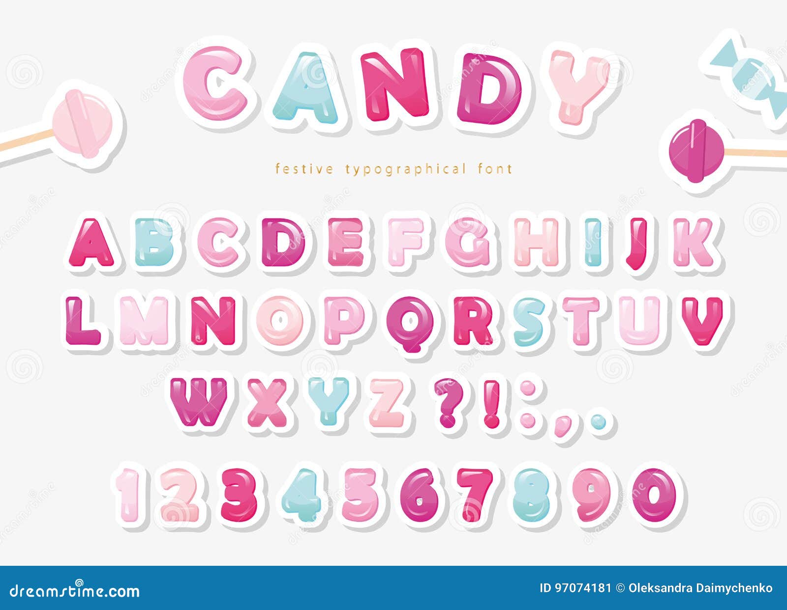 paper cut out sweet font . candy abc letters and numbers. pastel pink and blue.