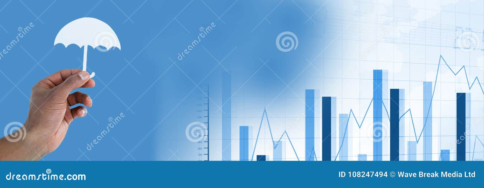 Paper Cut Out Umbrella in Hand with Statistics Charts Stock