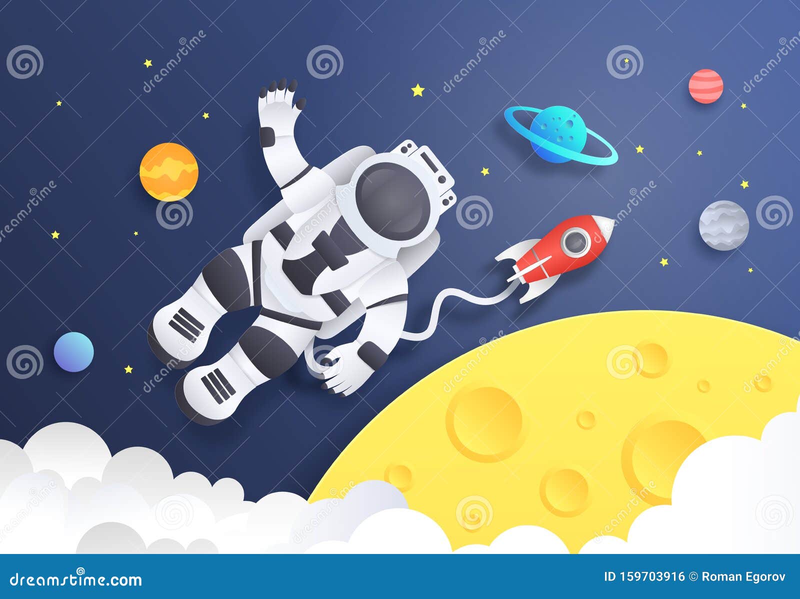 paper cut space. cartoon astronaut in cosmos with spaceship stars and planets, spaceman in galaxy.  background