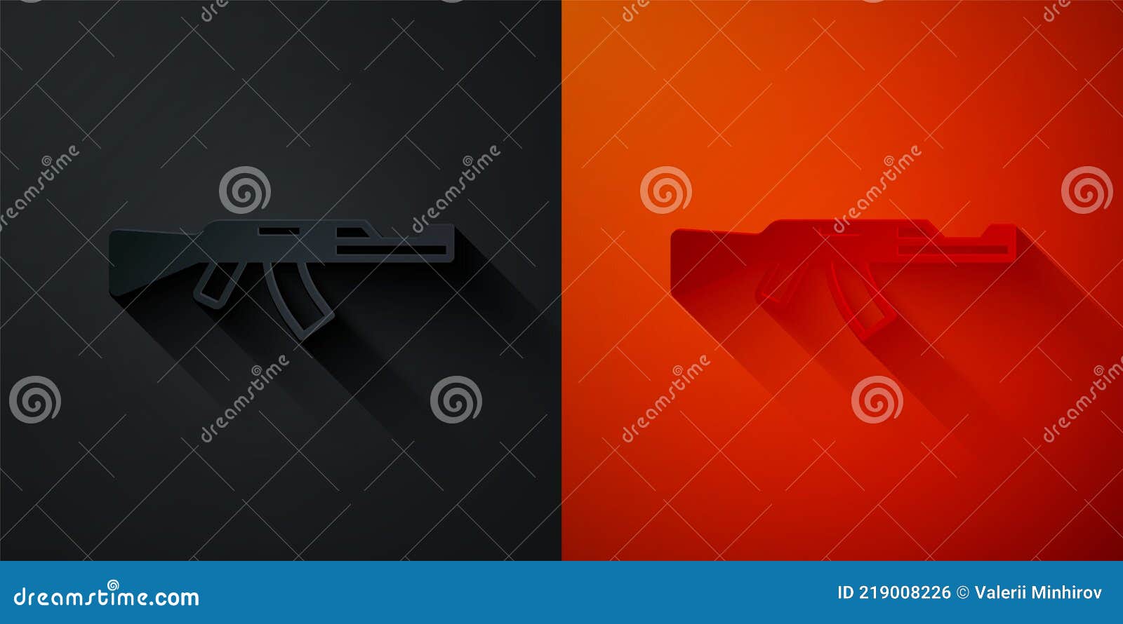paper cut submachine gun icon  on black and red background. kalashnikov or ak47. paper art style. 