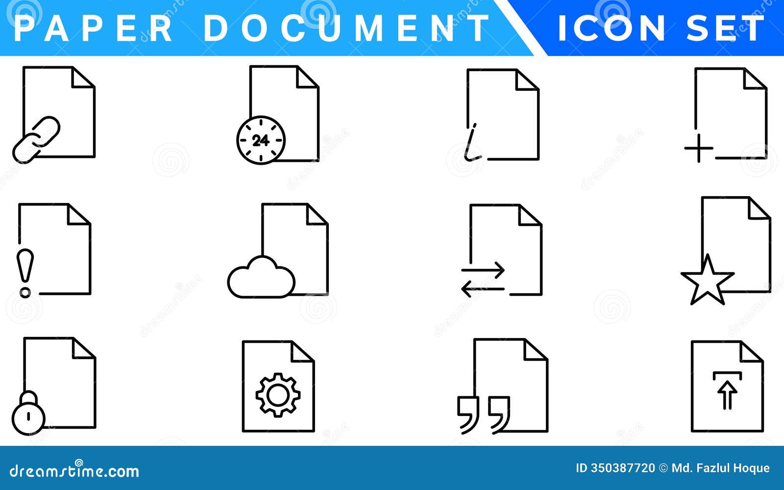 paper document icon set. folded written paper document page icon  . linear file icon in different styles