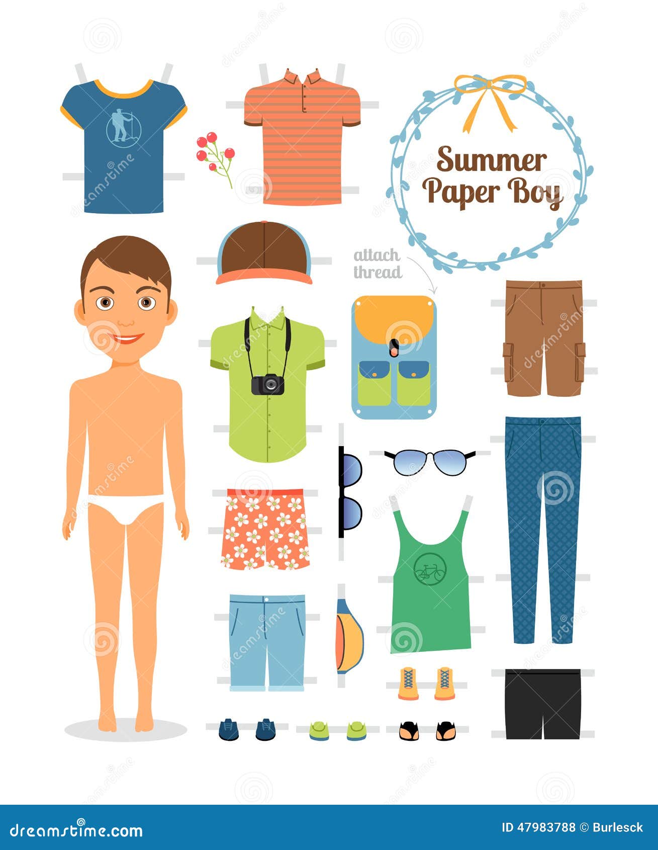 paper doll boy in summer clothes and shoes