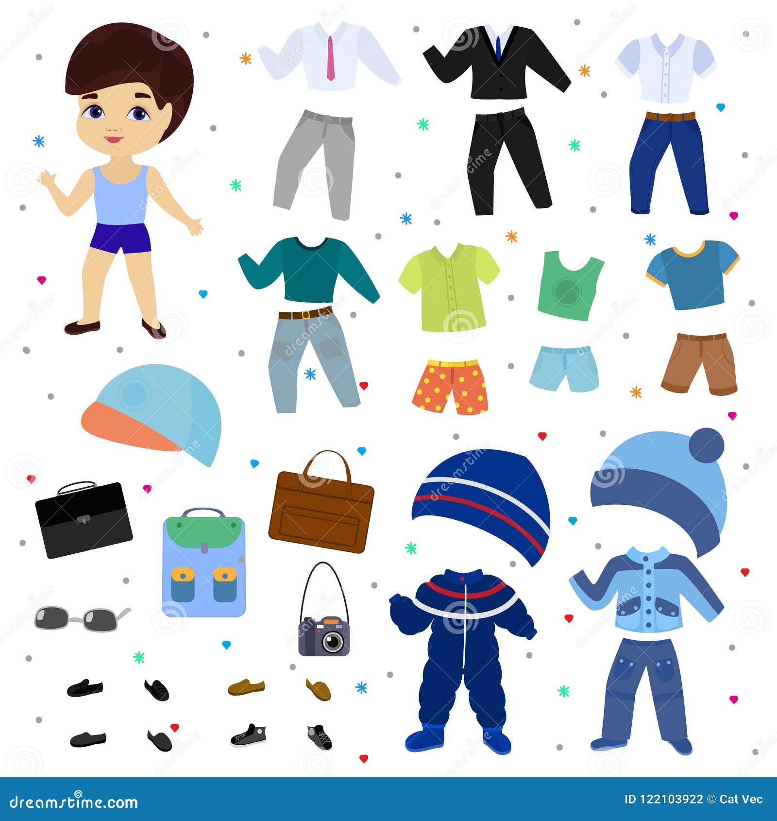 paper doll  boy dress up clothing with fashion pants or shoes  boyish set of male clothes for cutting