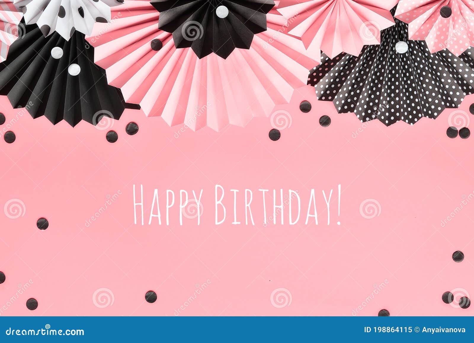 Paper Fans on Pink Background, Top View, Text Happy Birthday. Birthday Card  in Pink, Black, White. Stock Image - Image of monochrome, anniversary:  198864115