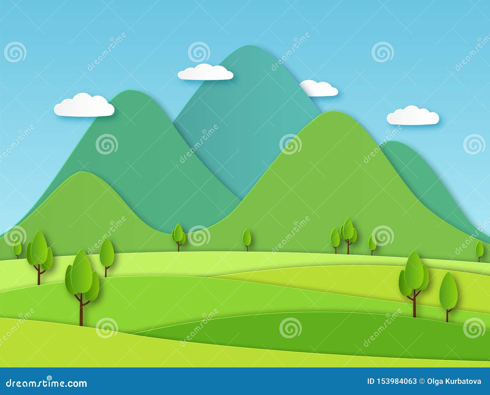 paper field landscape. summer landscape with green hills and blue sky, white clouds. layered papercut creative  3d
