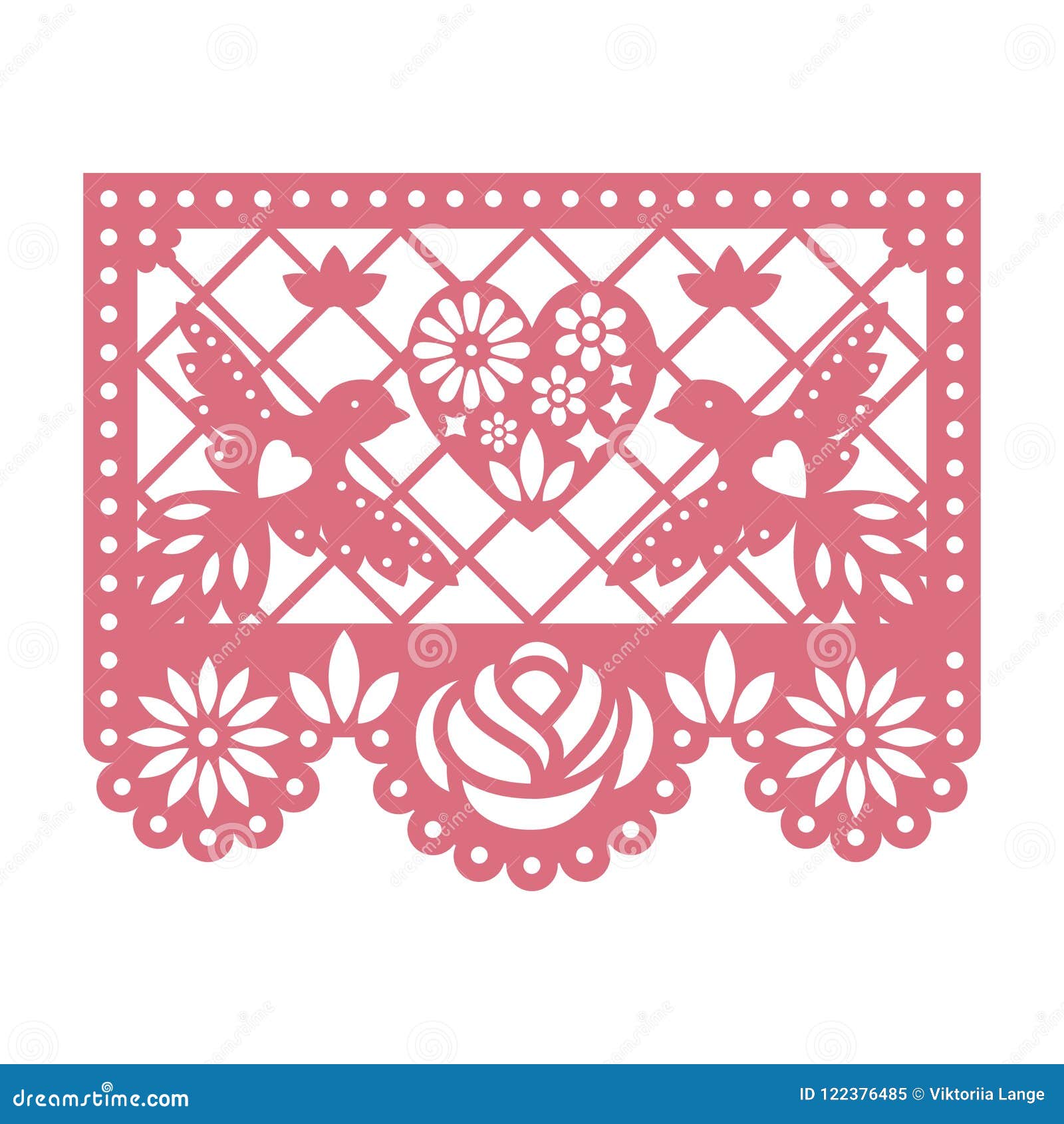 paper greeting card with cut out flowers, doves and heart. papel picado.