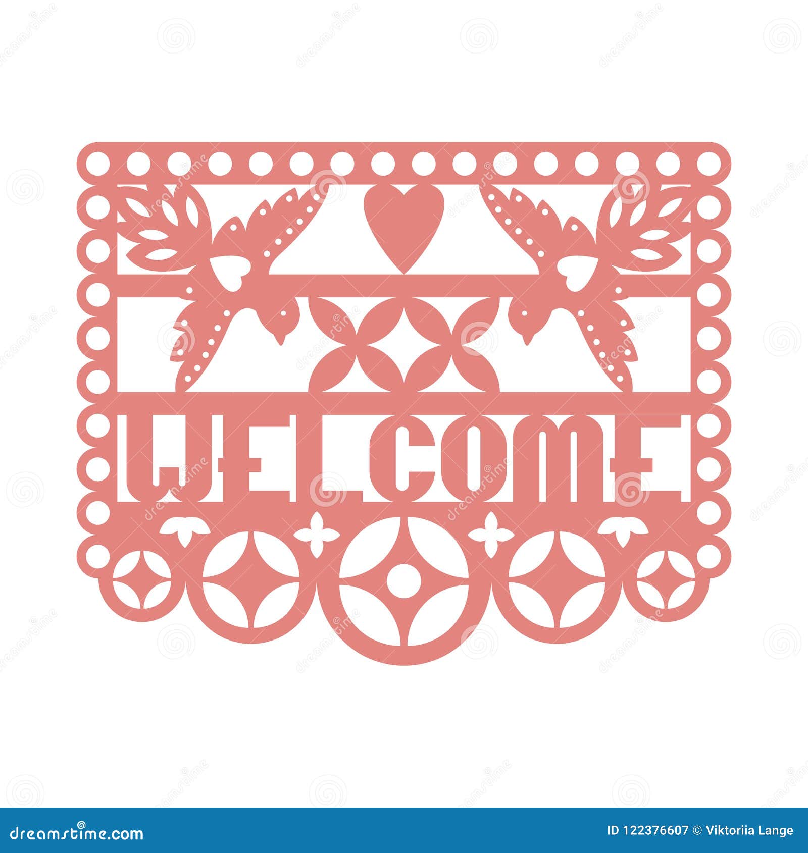 paper greeting card with cut out flowers, doves and text welcome. papel picado.