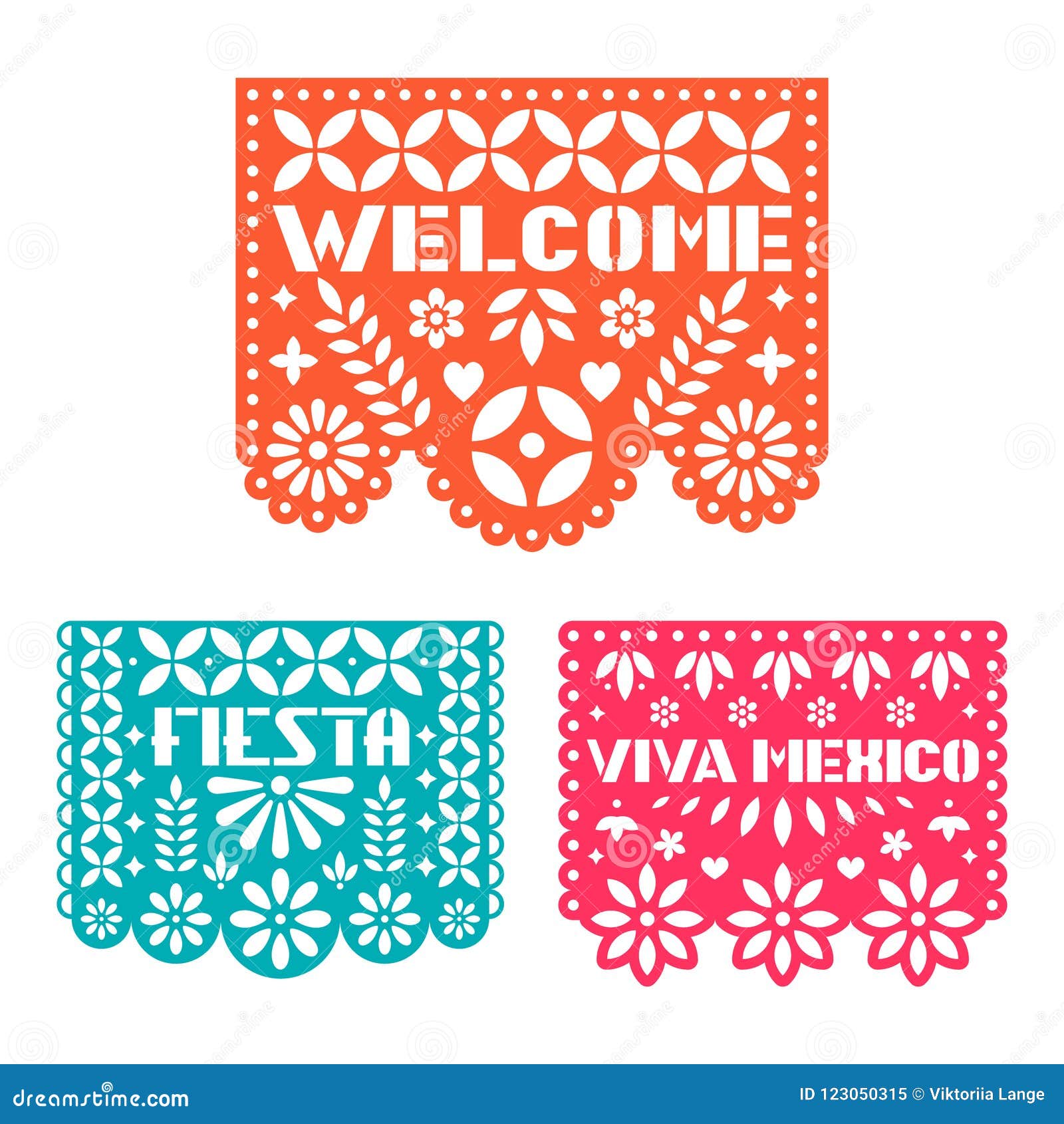 paper greeting card with cut out flowers, s and text. papel picado  template .
