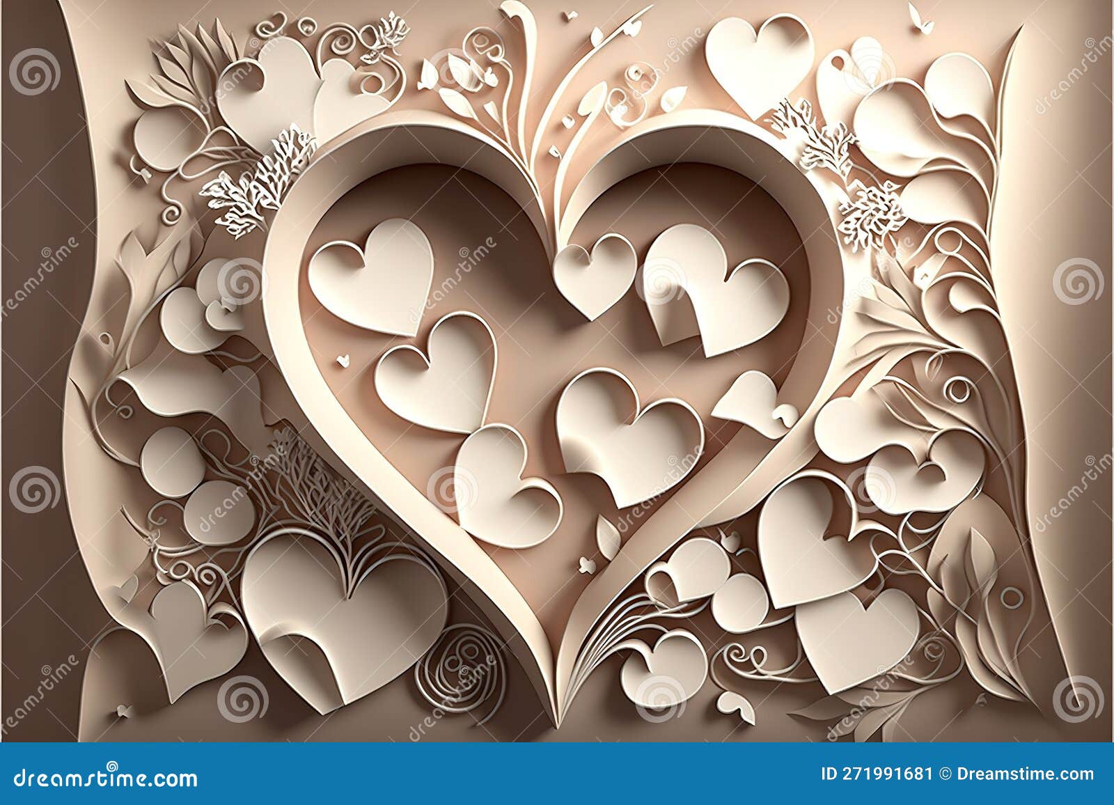 Paper Hearts 3D Romantic Card Background Love. Generative AI Stock