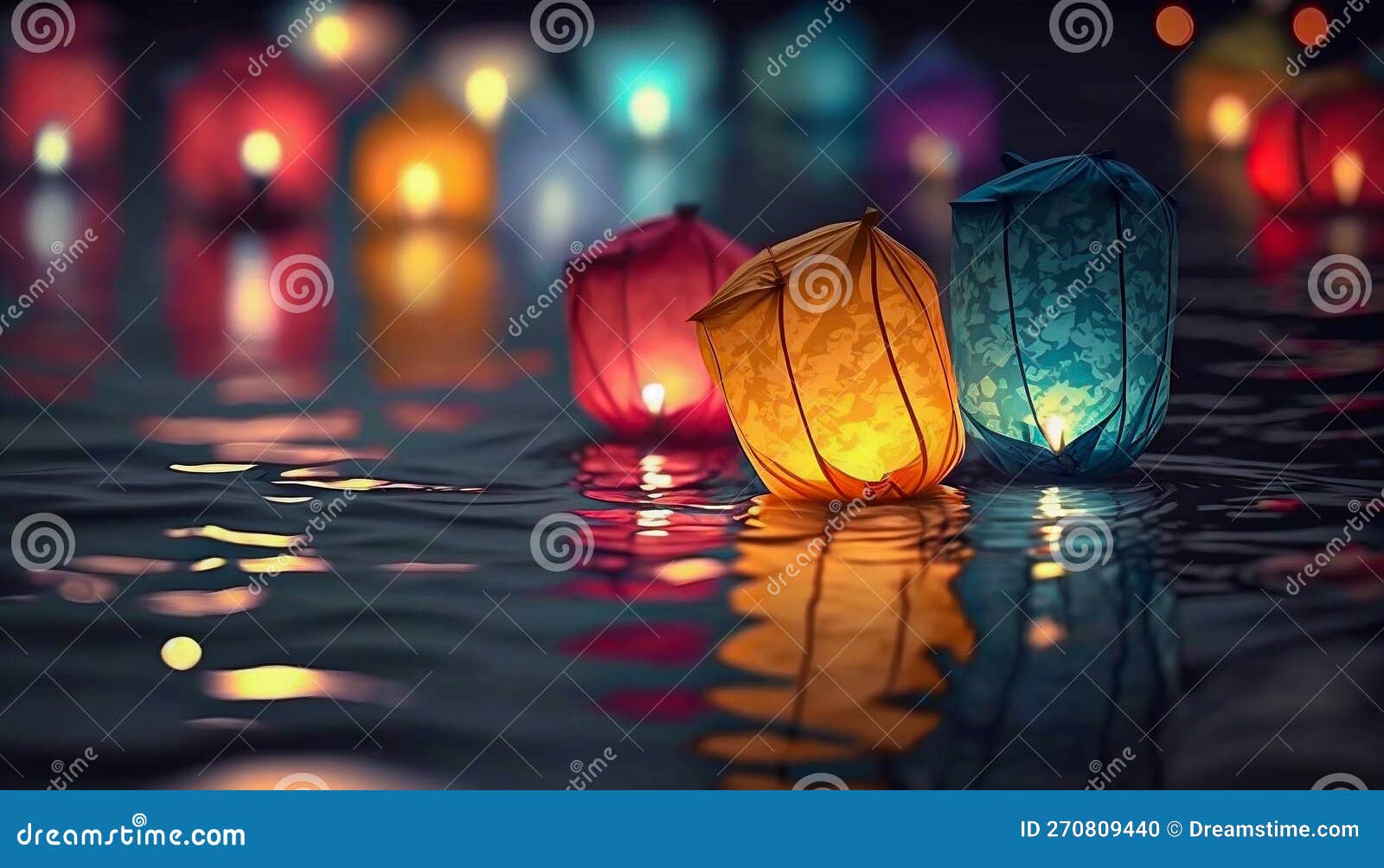 Paper Lanterns Float on Water. Floating Lantern Festival, Memorial Day