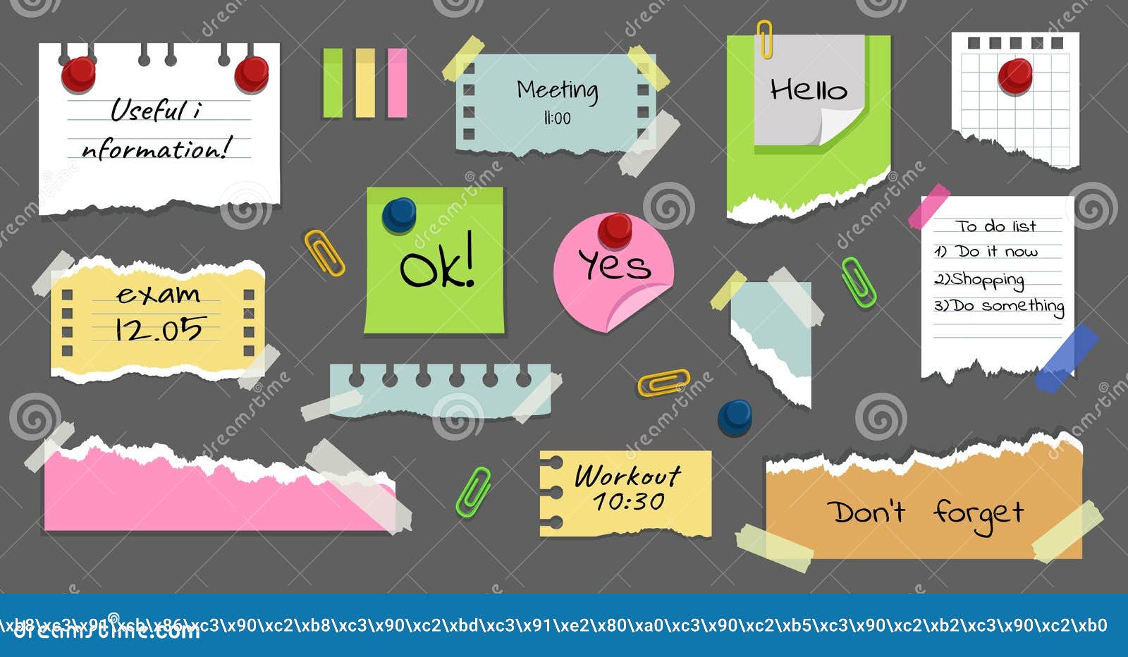 paper memo stickers. sticky note pad banner, board with pin and stationery clips, office stick notice, clip reminder. to