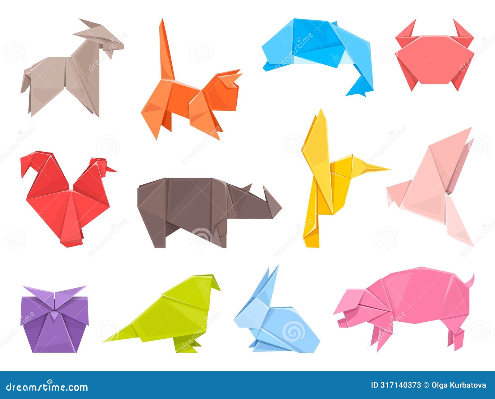 paper origami animals and birds. folded colored sheets, fauna decorative s, low polygonal toys simple 