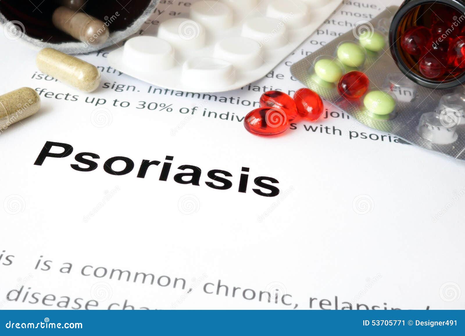 paper with psoriasis and pills.