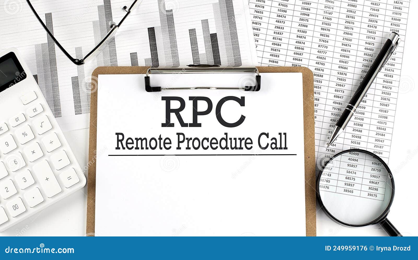 paper with rpc - remote procedure call on a chart with calculator,pen and magnifier