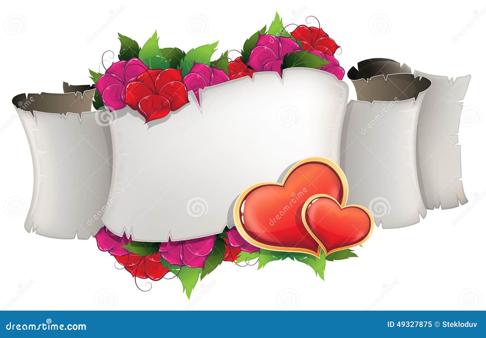 Paper Scroll With Hearts And Flowers Stock Vector - Illustration of