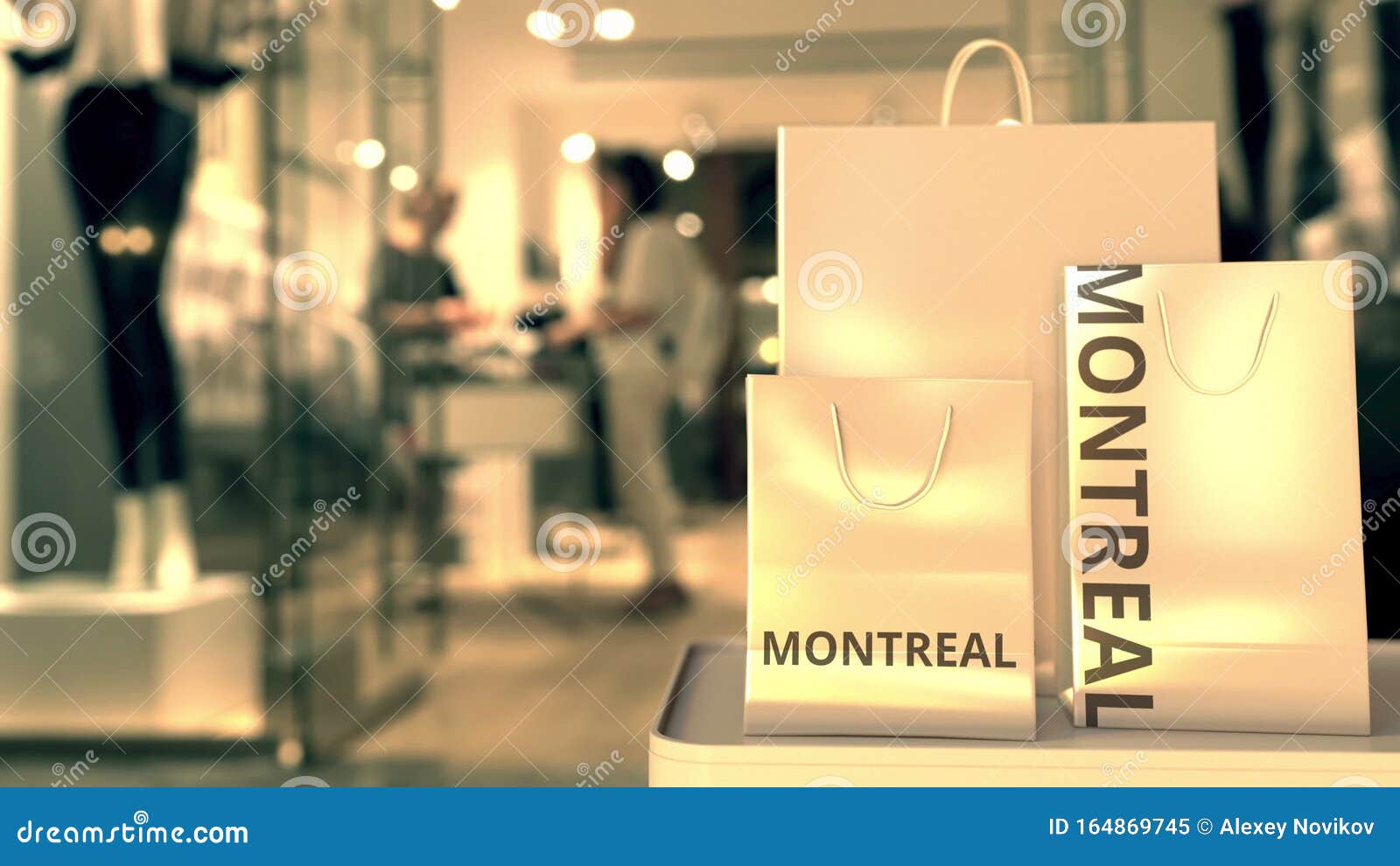 Paper Shopping Bags With Montreal Caption Against Blurred Store Entrance. Retail In Canada ...