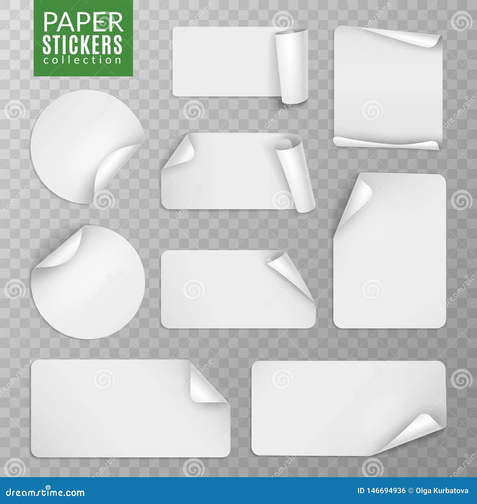 paper stickers set. white label sticker page, blank badge bent note sticky banners curled corners wrapped sheets. 