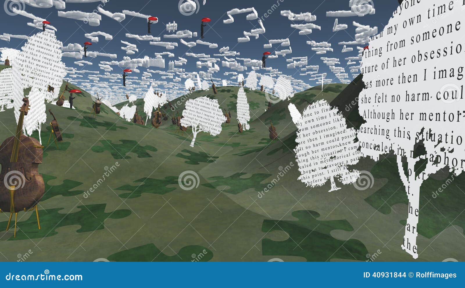 paper trees with text and cellos sit in hilly landscape with mus