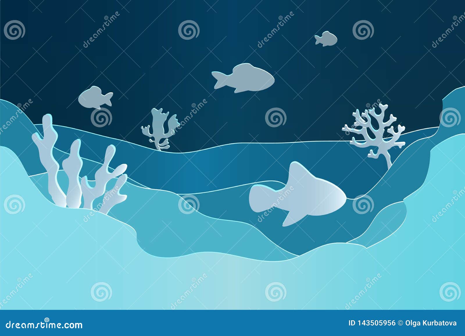 paper underwater. seascape seafloor, undersea with seaweed. dark saltwater with corals silhouettes. ocean reef bottom