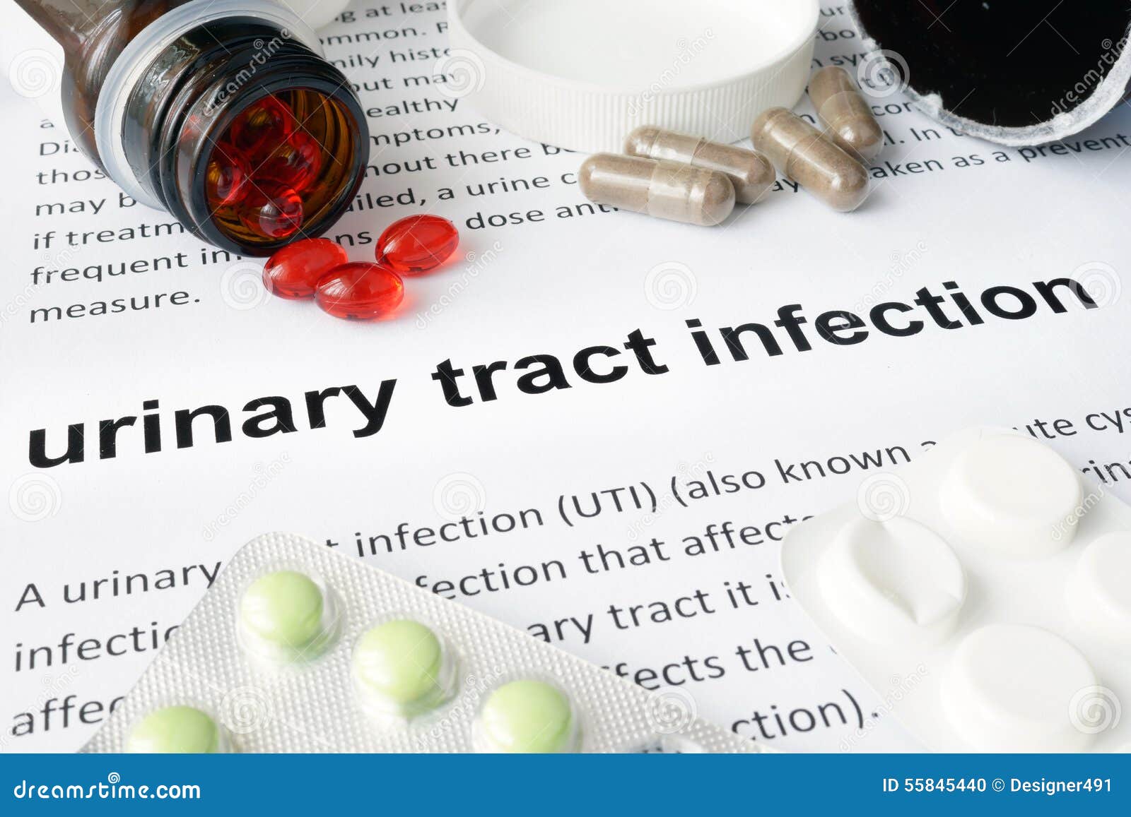 paper with urinary tract infection and pills.