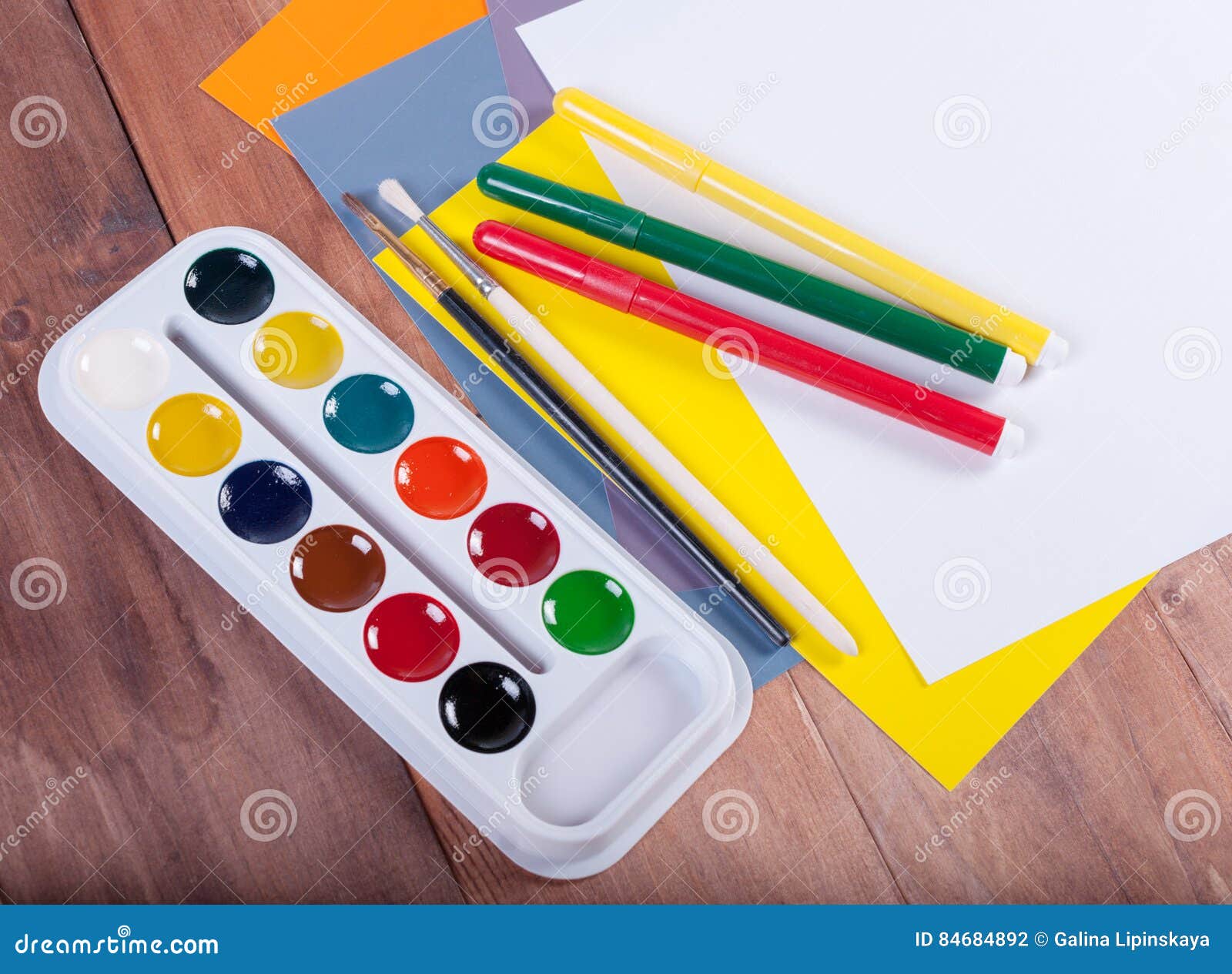 Paper, Watercolors, Paint Brush on Wooden Table Stock Photo Image of