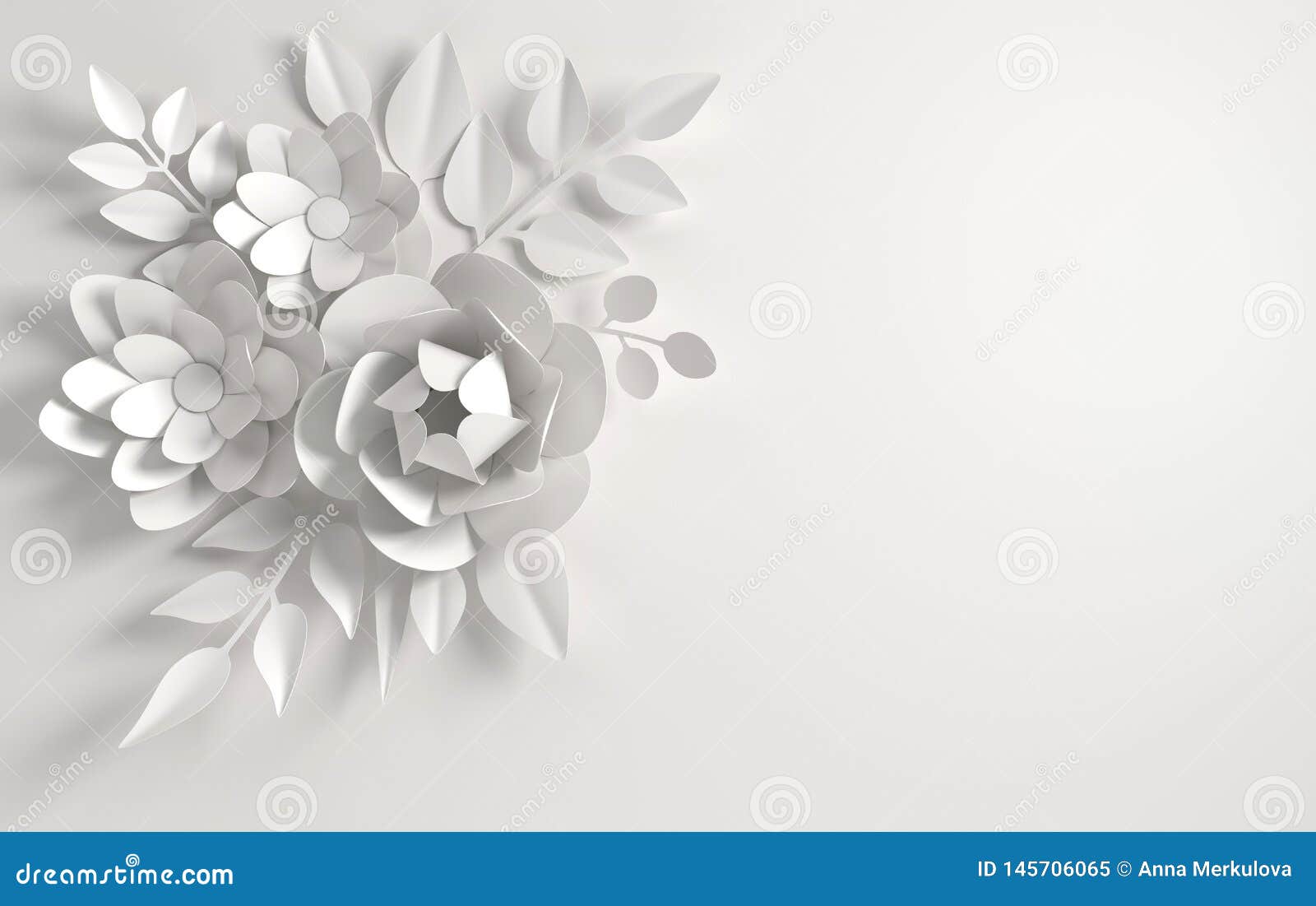 paper whitel flowers background. valentine`s day, easter, mother`s day, wedding greeting card. 3d render digital spring or summe