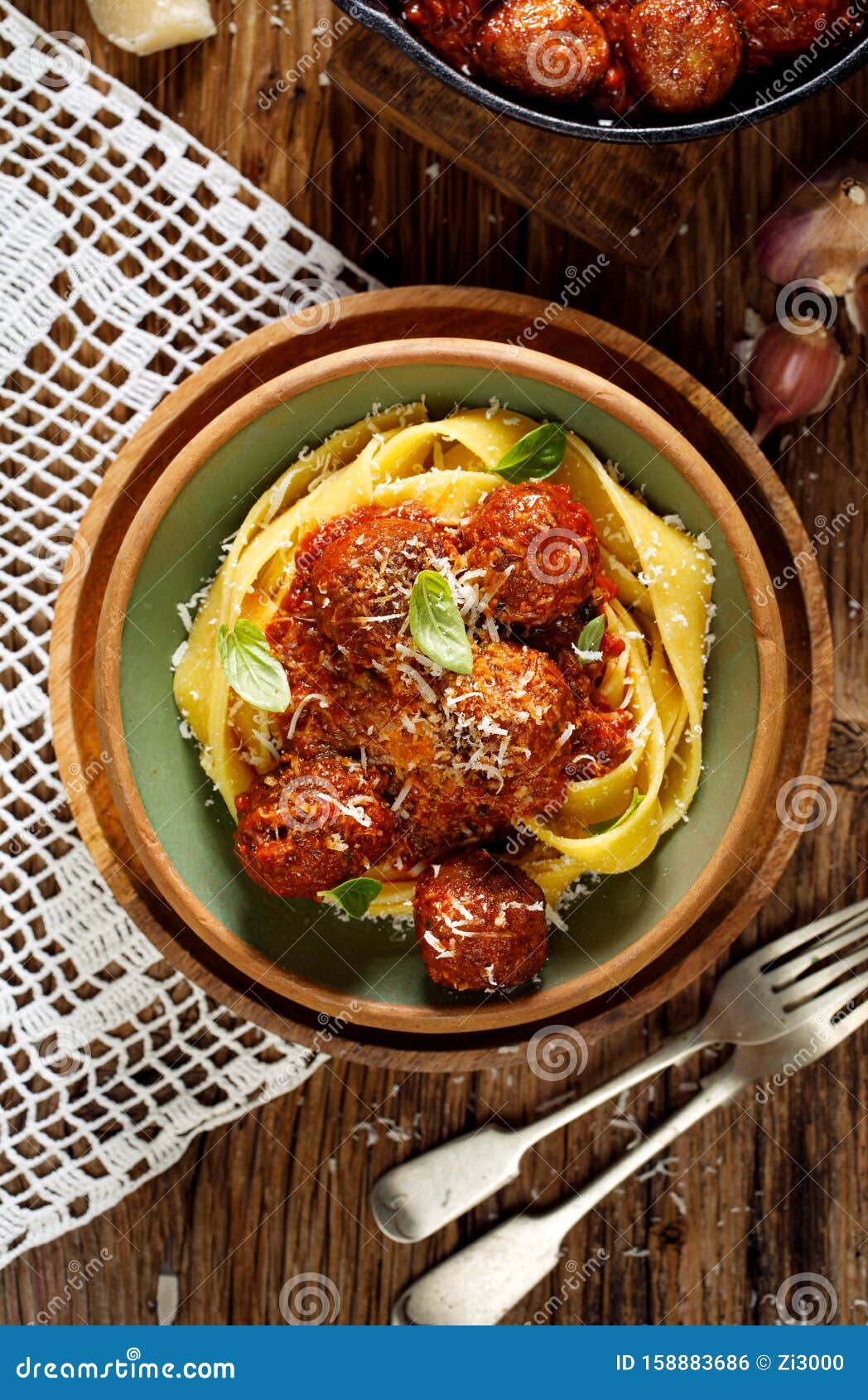 Pappardelle Pasta with Meatballs in Tomato Sauce Sprinkled with Grated ...
