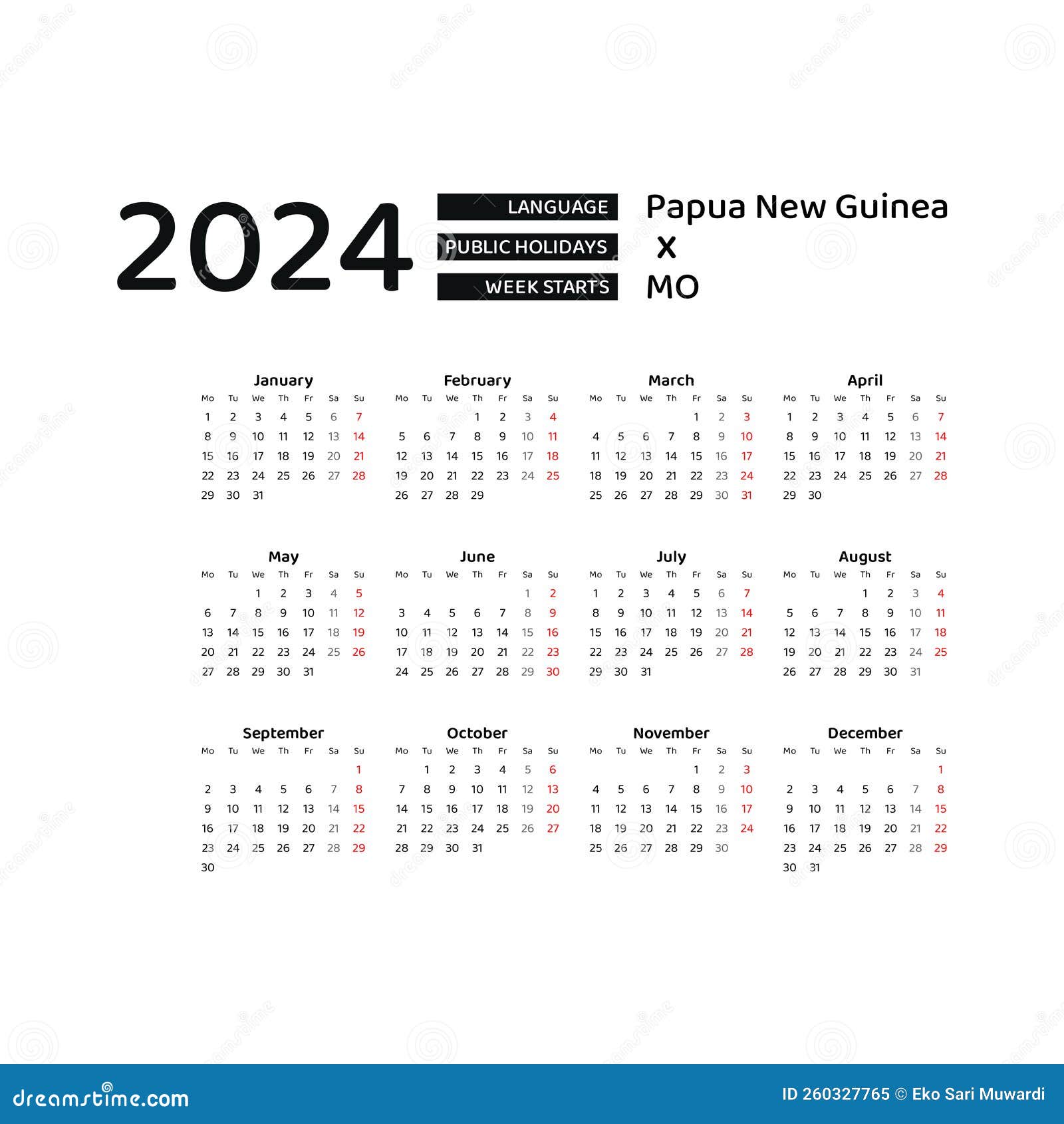 Papua New Guinea Calendar 2024. Week Starts from Monday. Vector Graphic