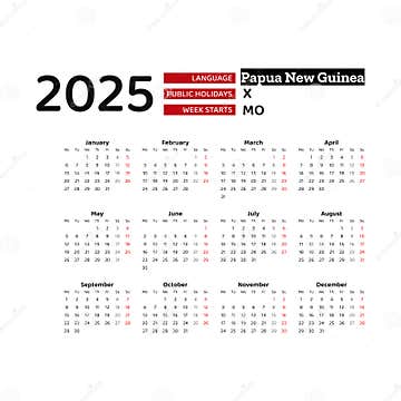 Papua New Guinea Calendar 2025. Week Starts from Monday Stock Vector
