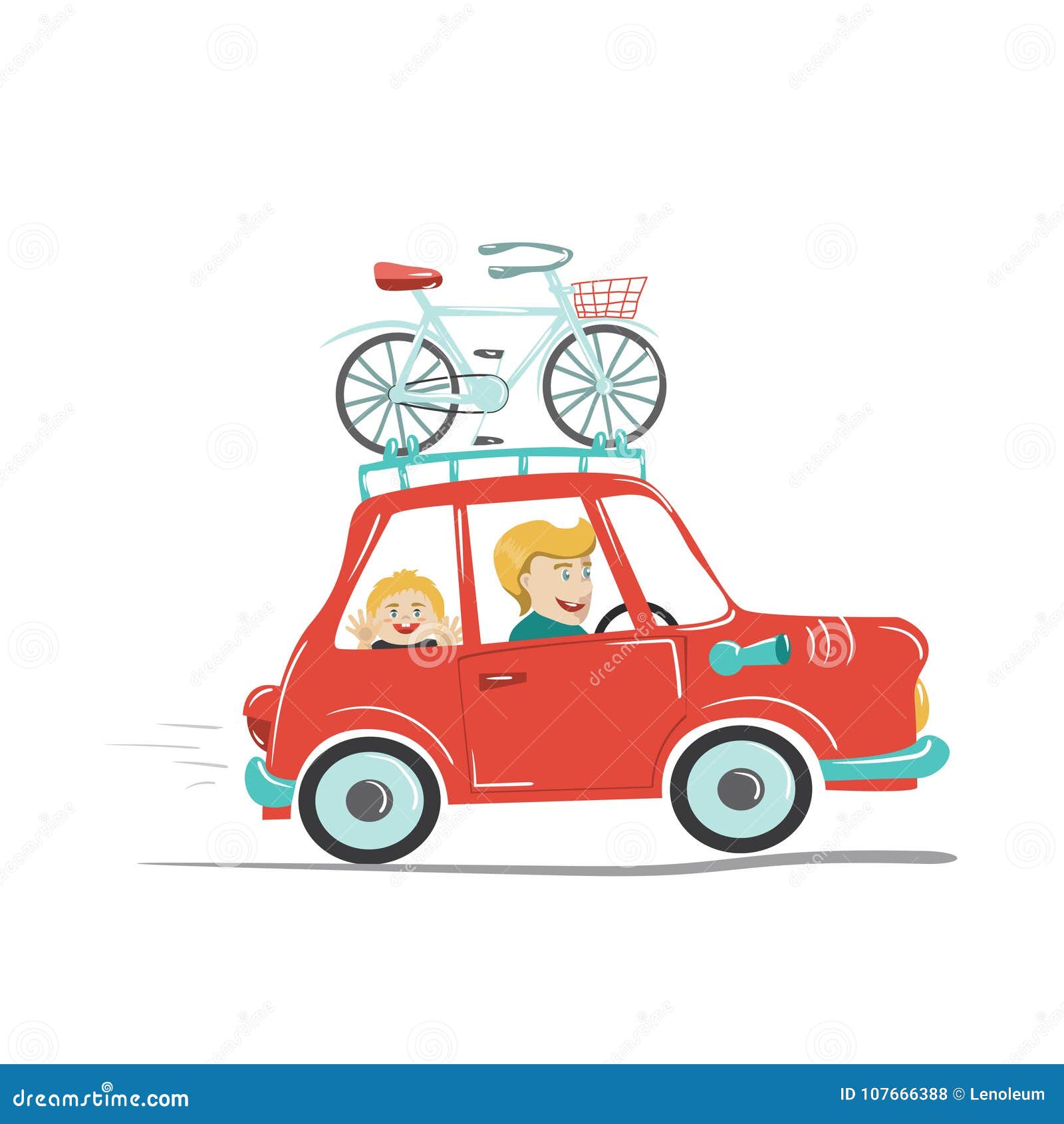 Papà e figlio che viaggiano in macchina con la bicicletta. Il padre felice e suo il bambino che viaggiano in macchina con la bici hanno montato sul tetto Illustrazione di vettore Stile del fumetto Concetto per tempo della famiglia, il viaggio stradale, l'attività di sport, la vacanza, il viaggio di automobile ecc