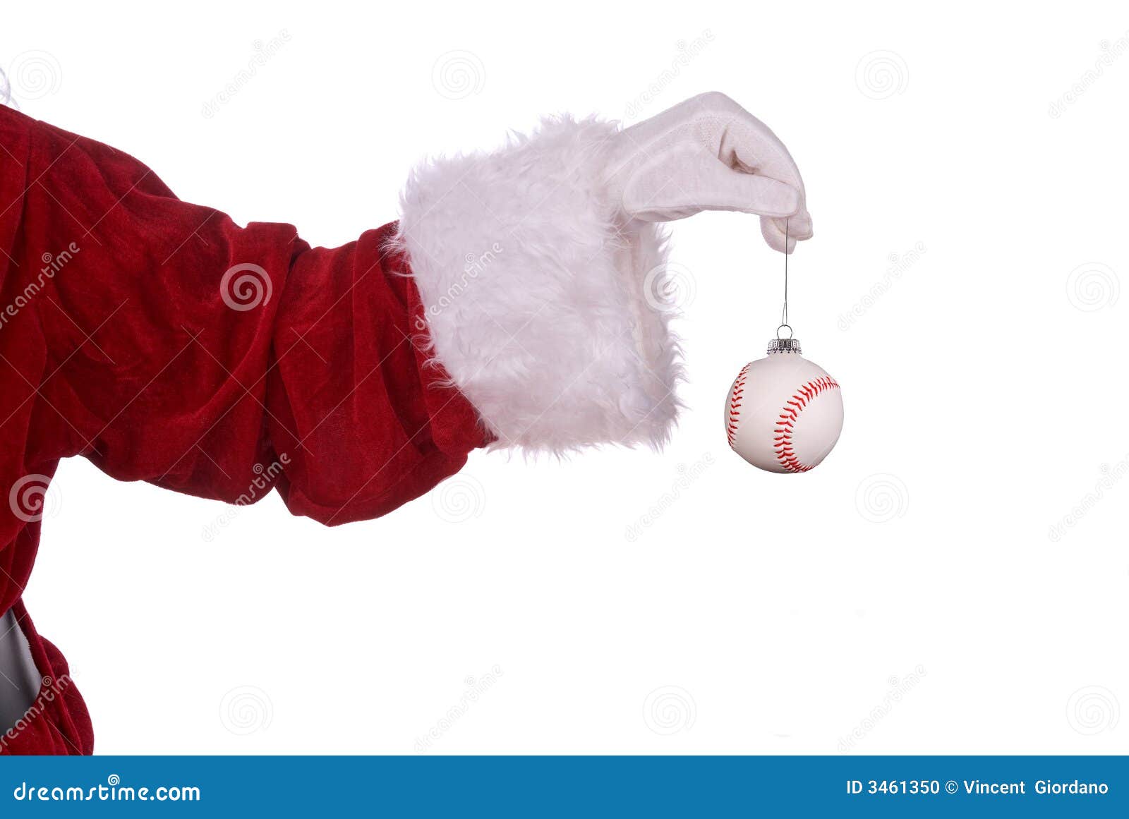 Papá Noel con el ornamento del béisbol en su mano con guantes blanca