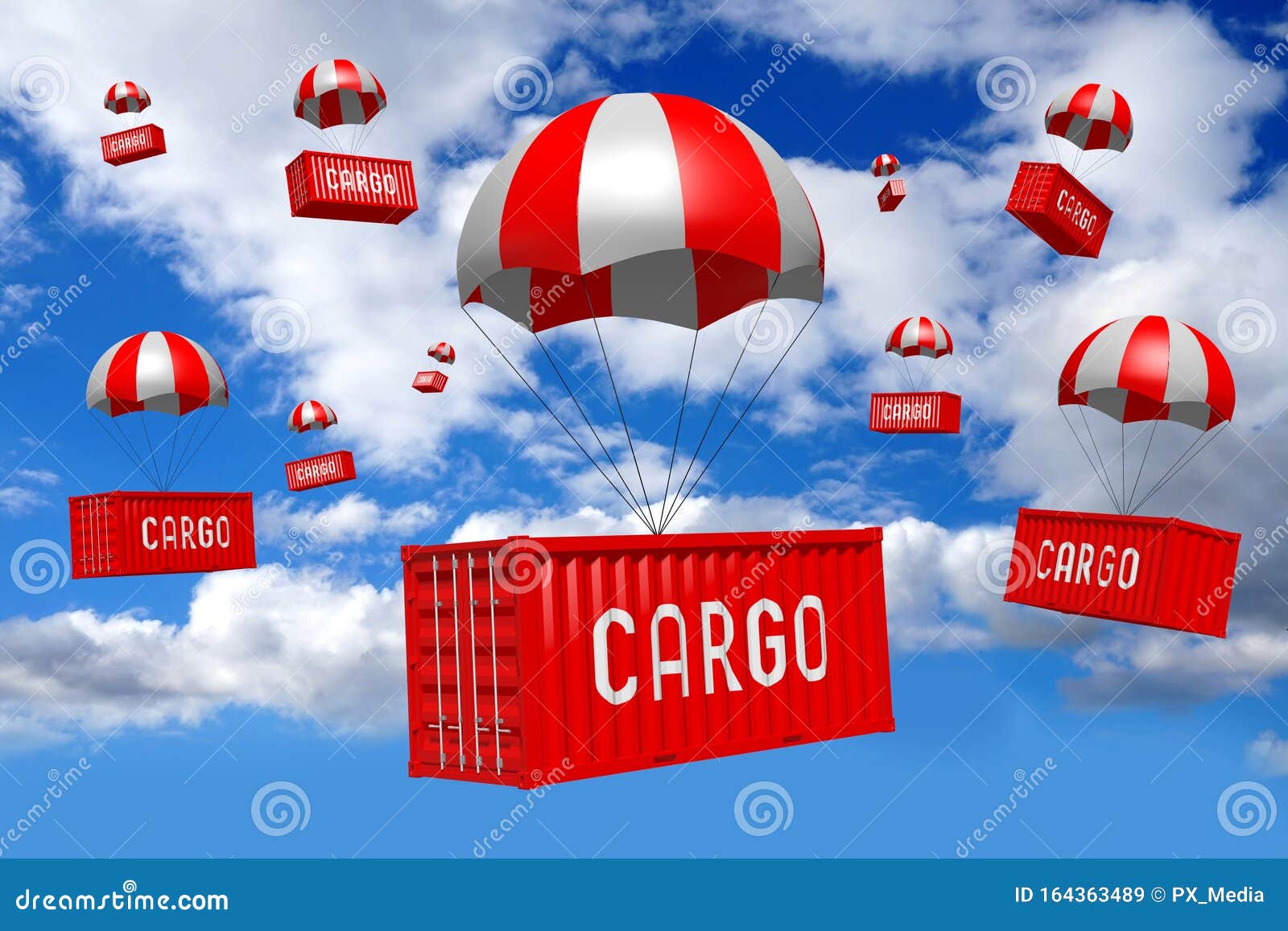 Cargo Containers With Parachutes, Delivery Concept 3D Rendering Stock