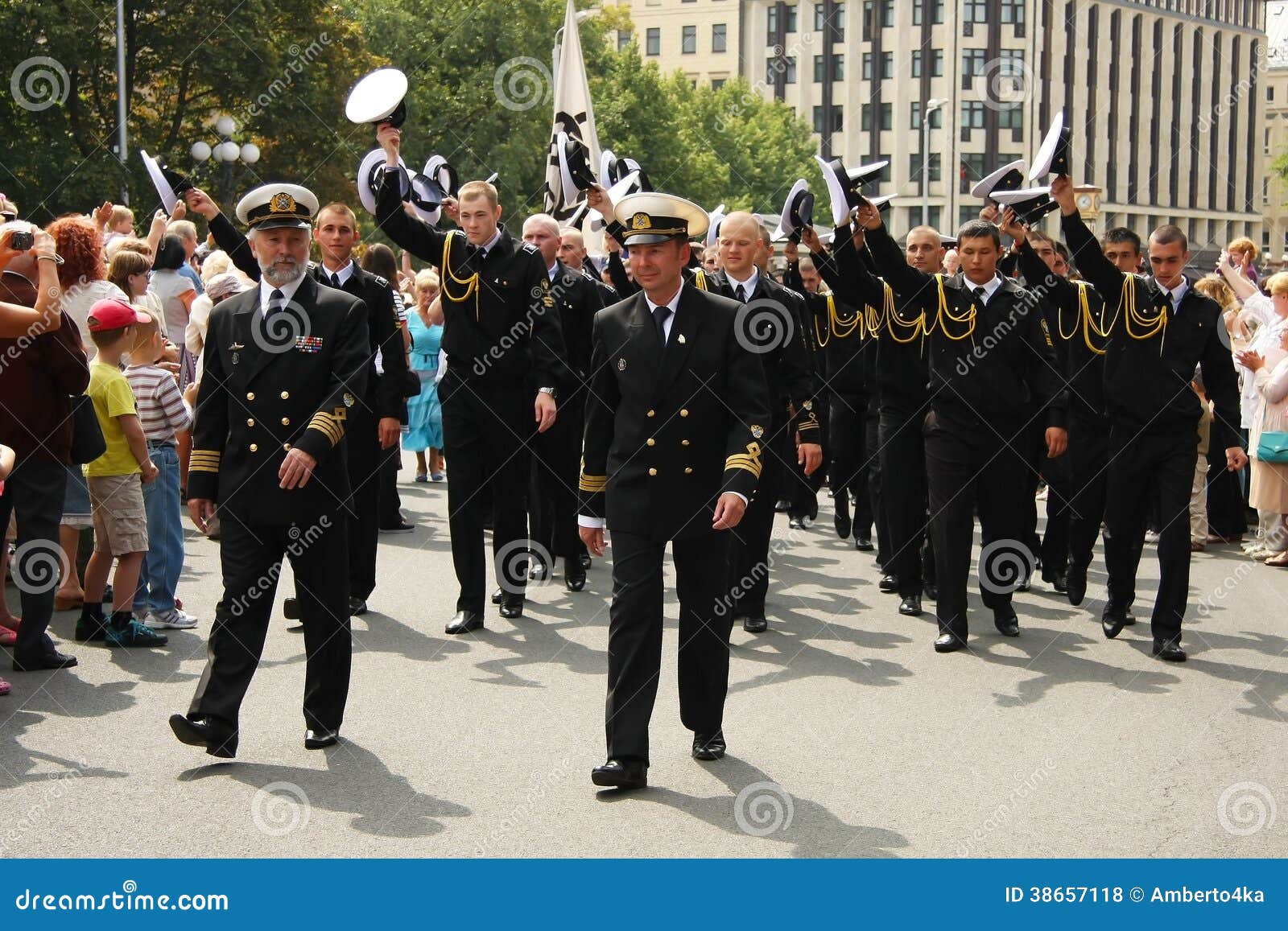 Parade Crew of the ship. RIGA, LATVIA - JULY 27th: Crew Parade during the second stage of the World Cup The Tall Ships Races 2013 in Riga, paraded through the streets of Riga, Latvia, July 27th, 2013