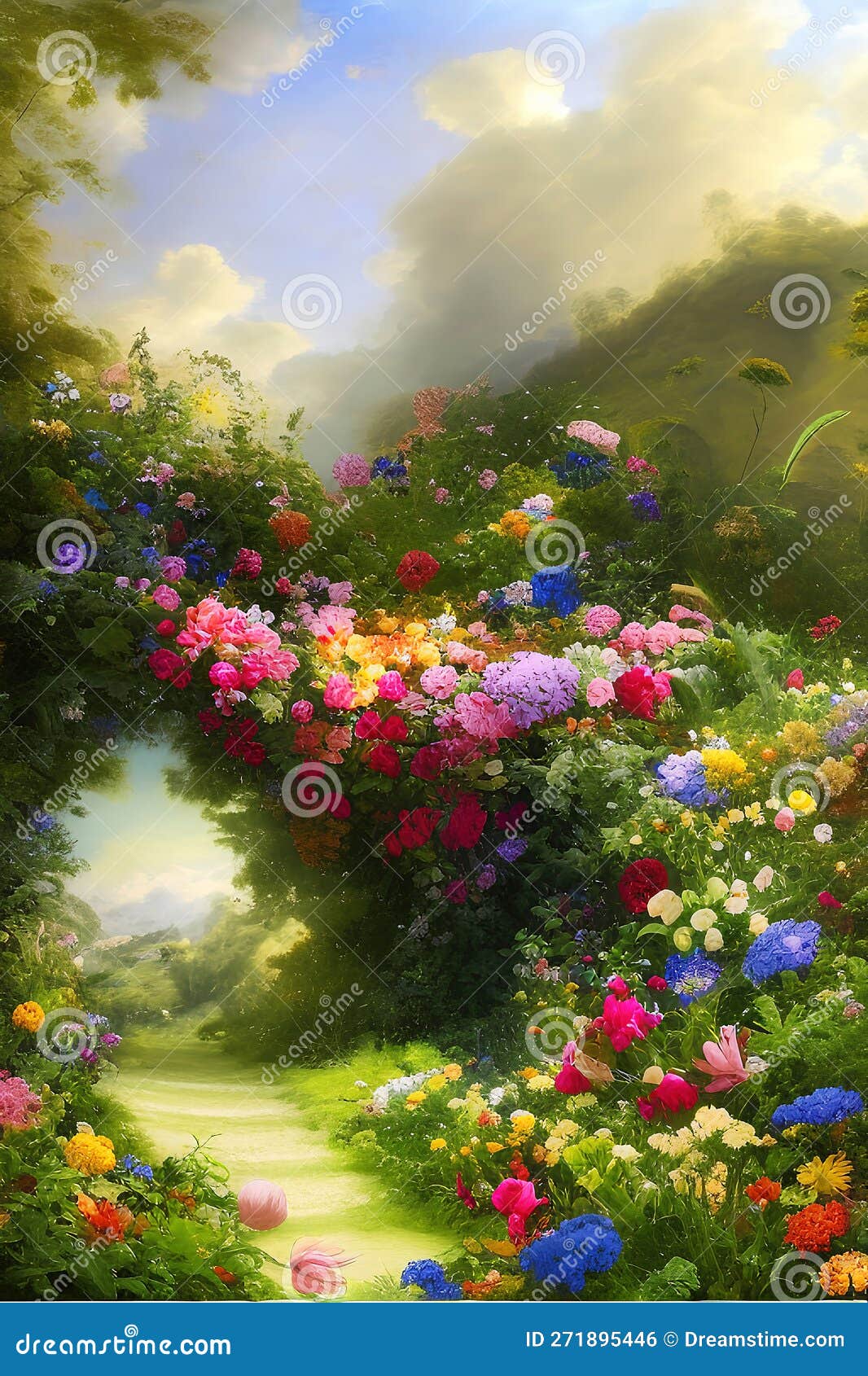 Paradise Garden Full Of Flowers, Beautiful Idyllic Paradise Garden Full 