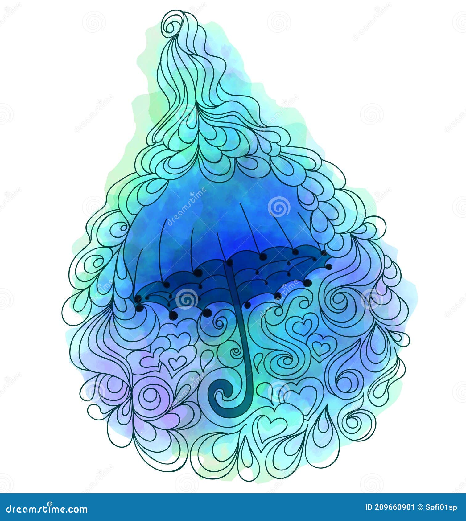 Paraguas De Banderas De Color Agua. Doodle De Dibujos Animados Paraguas Azul  Ola De Corazón Aislado En Blanco. Ilustración del Vector - Ilustración de  objeto, cubierta: 209660901