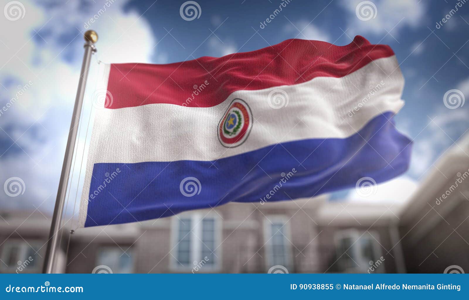 paraguay flag 3d rendering on blue sky building background