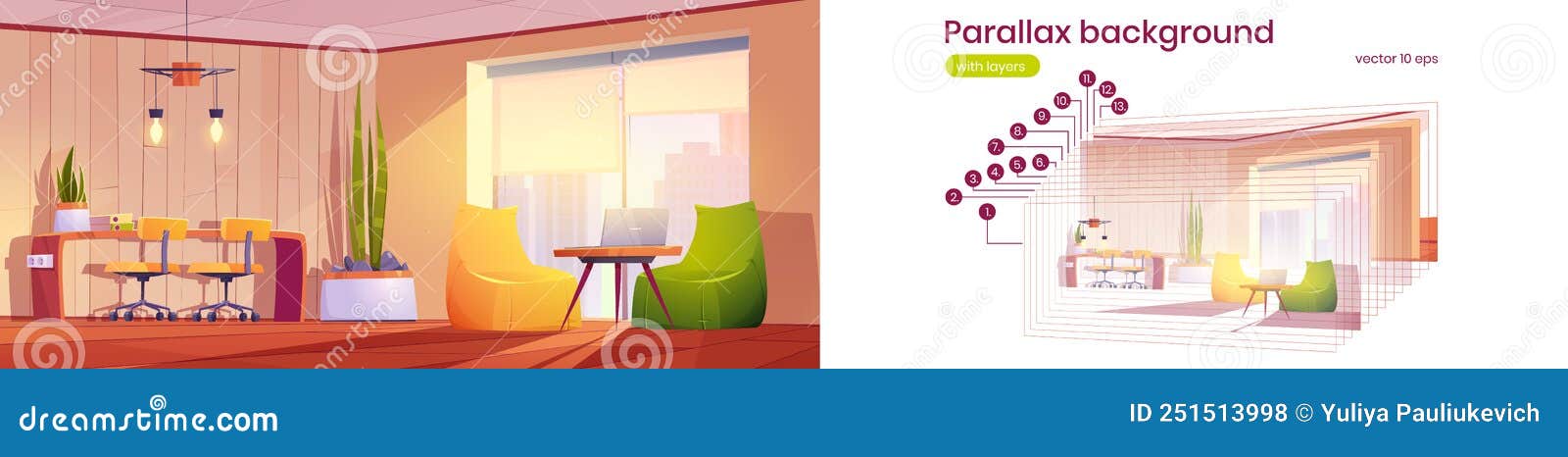 parallax background coworking or home office 2d