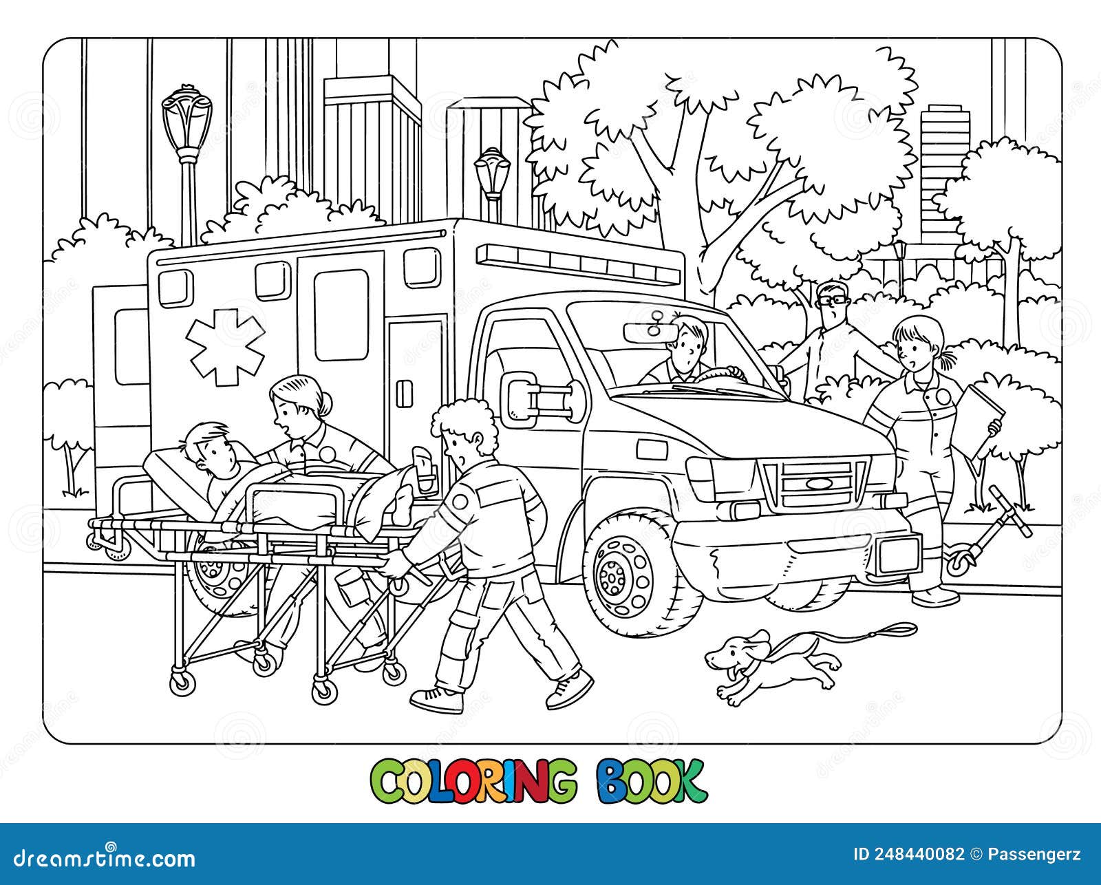 Paramedics Near the Ambulance. Cars Coloring Book Stock Vector