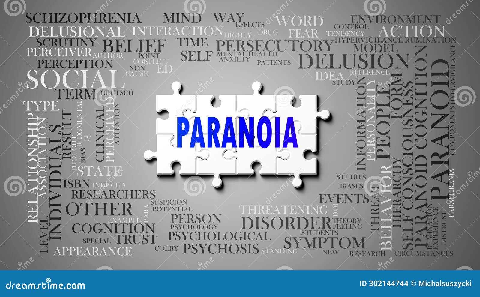 paranoia - a complex subject, related to many . pictured as a puzzle and a word cloud made of most important ideas and
